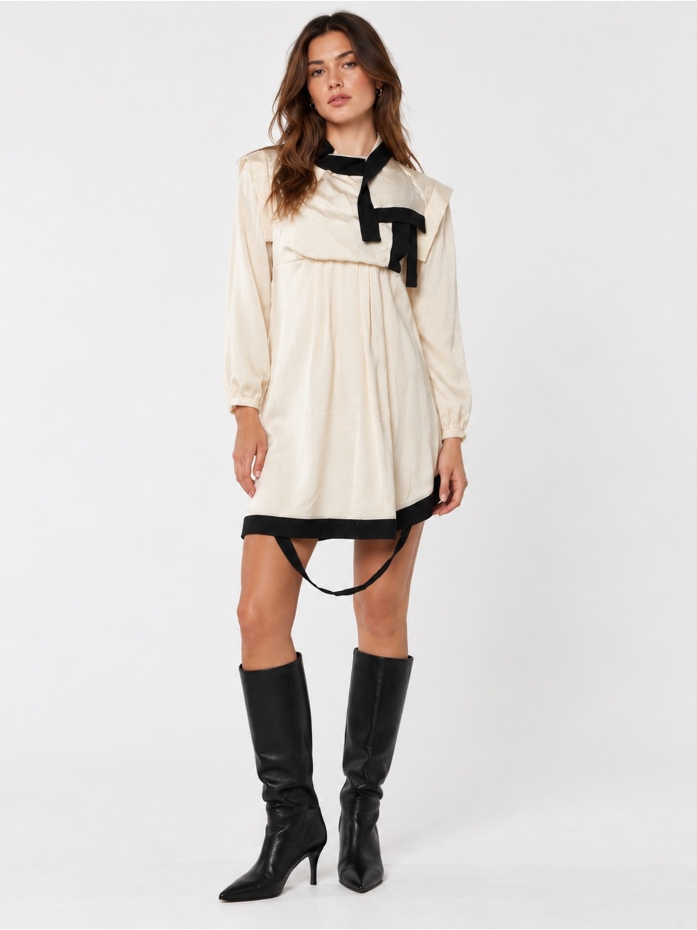 Derek Lam Silm Cream and Black Contrast Tie-Neck Mini Dress